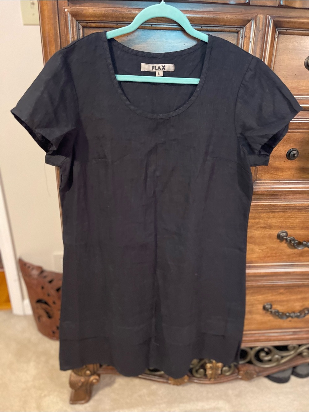 Flax Black Short Sleeve Linen Scoop Neck Shift Dress